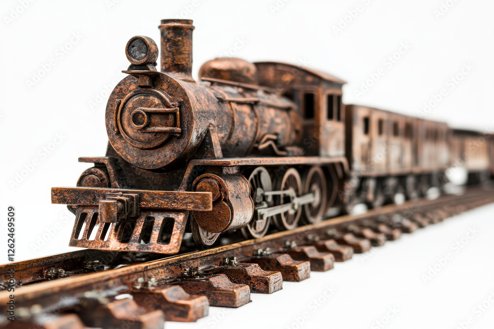 Close-up of an antique steam locomotive model on tracks, depicting vintage design and intricate detail against a white background. Close-up of an antique steam locomotive model on tracks, depicting vintage design and intricate detail against a white background.