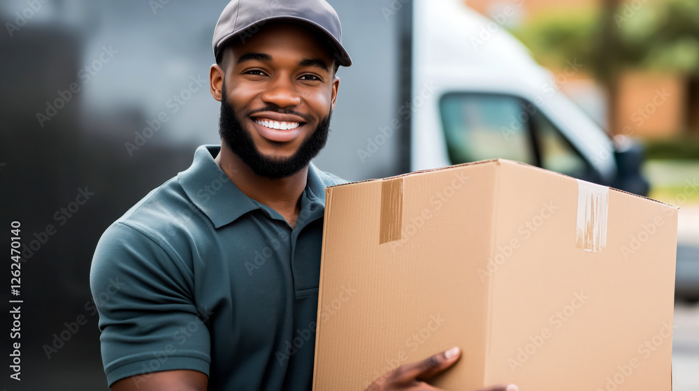 Handsome smiling delivery african american man in uniform holding cardboard box from delivery van. Moving and delivery concept.