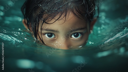 Kreatives Unterwasser-Porträt Kind mit ausdrucksstarken Augen. Türkisfarbenes Wasser und geheimnisvolle Atmosphäre in künstlerischer Aufnahme photo