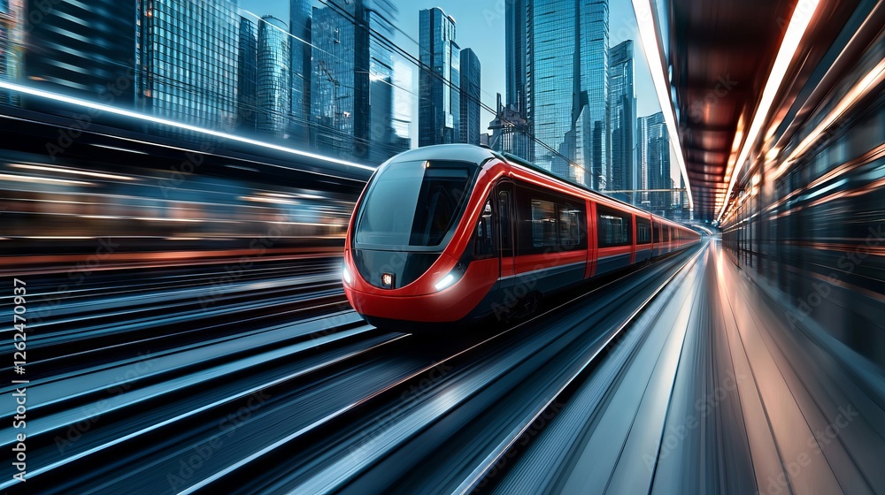 Fototapeta premium A red and black train traveling through a city at night