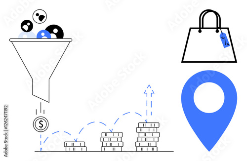 Funnel filtering users into revenue, stacks of coins showing growth, shopping bag, large map pin. Ideal for marketing, e-commerce, sales strategy, customer journey, location-based marketing business