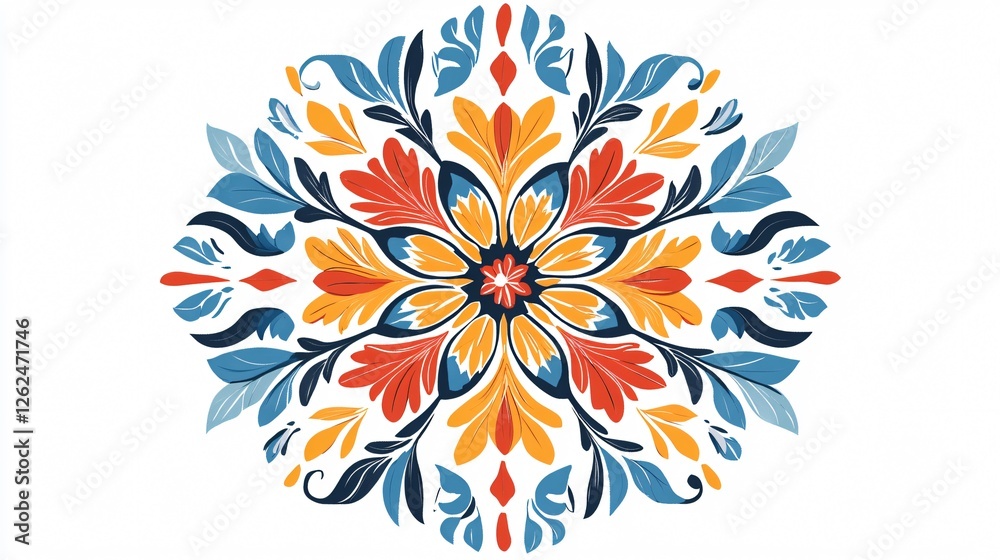 Fototapeta premium Vibrant Geometric Red Blue Yellow Rounded Floral Pattern Design