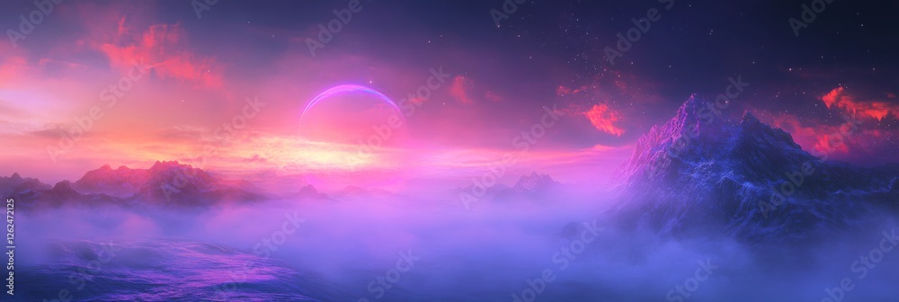 Naklejka premium Misty blue mountains bathed in soft pastel hues during a vibrant sunrise