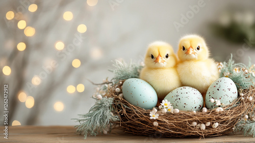 Two fluffy yellow chicks with black markings stand on a rustic wooden surface beside large speckled eggs