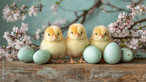 Three fluffy yellow chicks sitting on a rustic wooden surface, surrounded by pastel blue speckled eggs