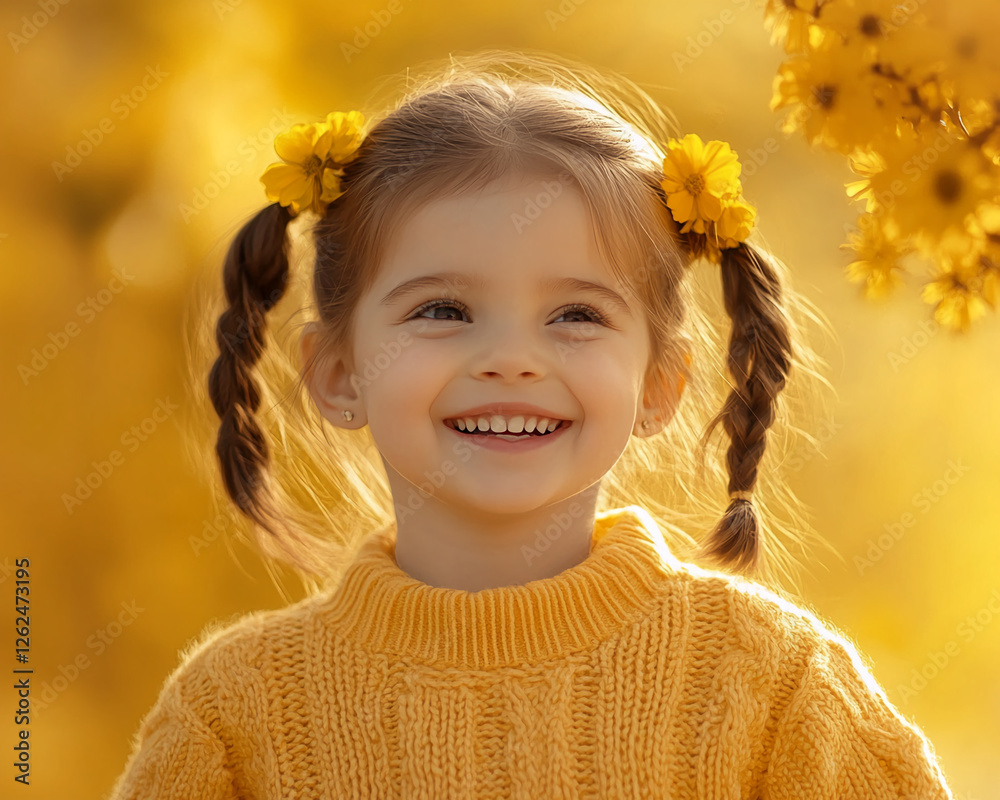 Fototapeta premium A cheerful little girl smiling in a yellow sweater with flowers in her hair, set against a warm, golden autumn background, symbolizing happiness, innocence, and joy.