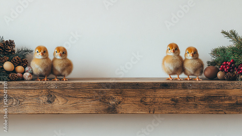Four fluffy brown chicks standing on a rustic wooden shelf with pinecones, eggs, and red berries on both sides