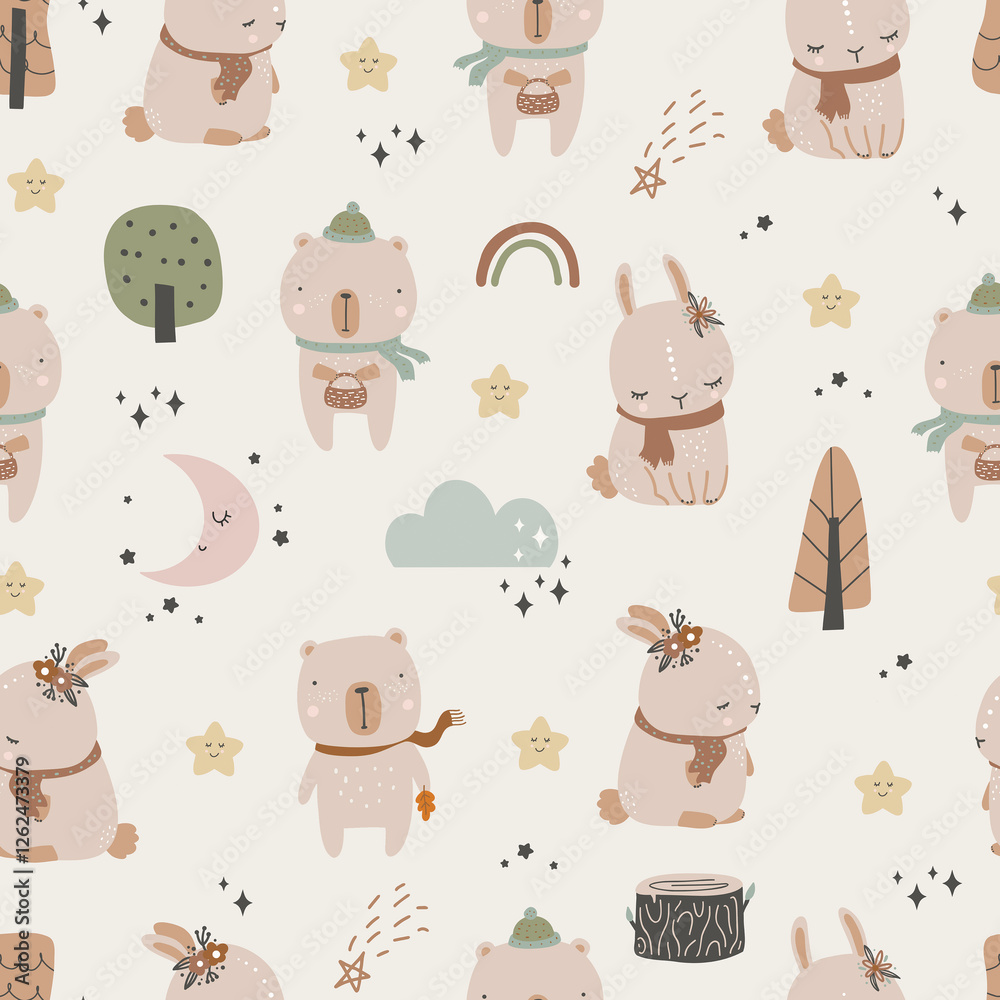 Fototapeta premium seamless pattern with cats Seamless Pattern Design with Adorably Drawn Bunnies and Bears for Kids – Featuring Stars, Rainbows, and Trees in the Background – Perfect for Home Textiles, Fabric and birds