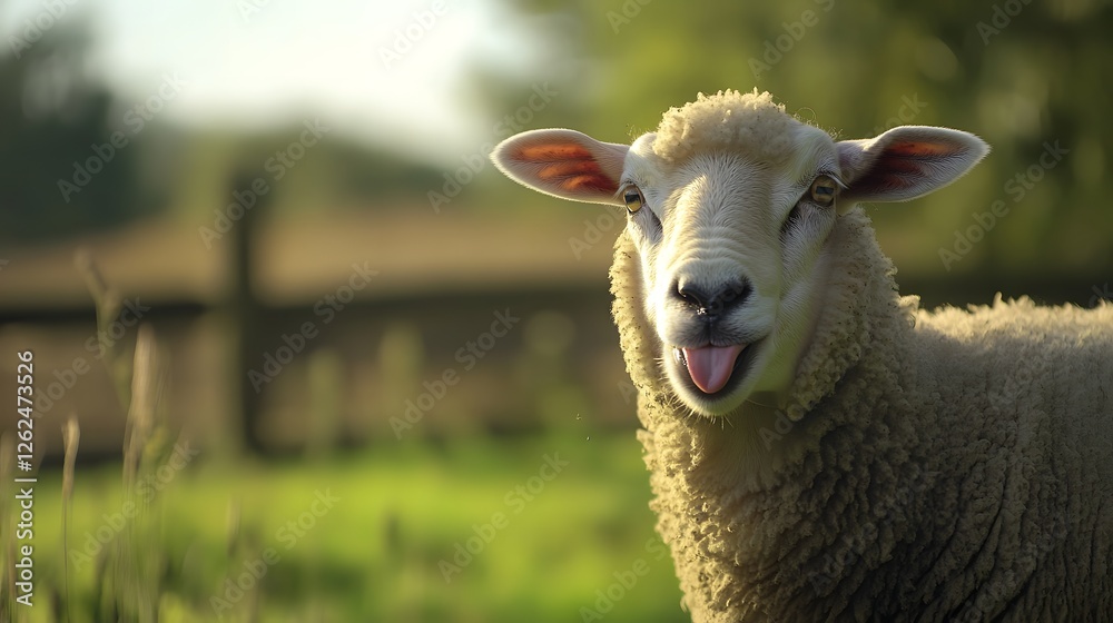Sheep playfully sticking out its tongue, a moment of lighthearted charm Sheep playfully sticking out its tongue, a moment of lighthearted charm