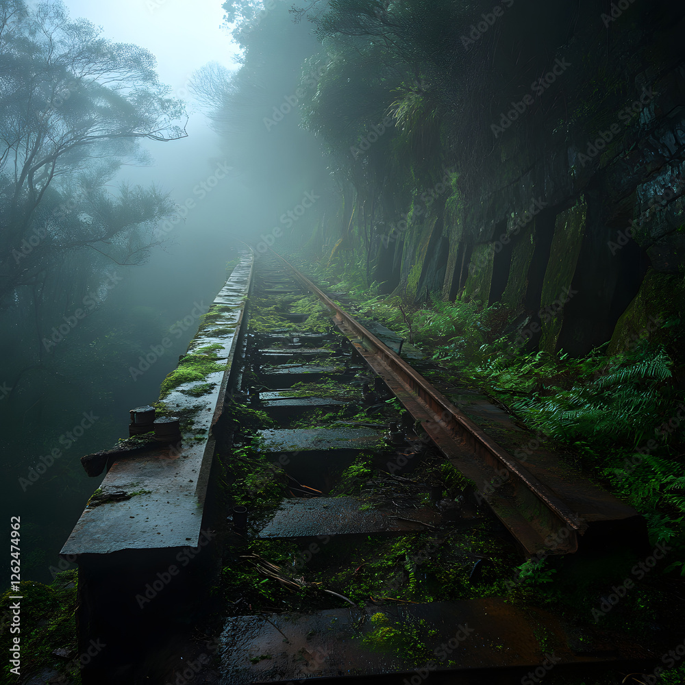 Naklejka premium An abandoned train track disappearing into the fog, creating a haunting atmosphere.