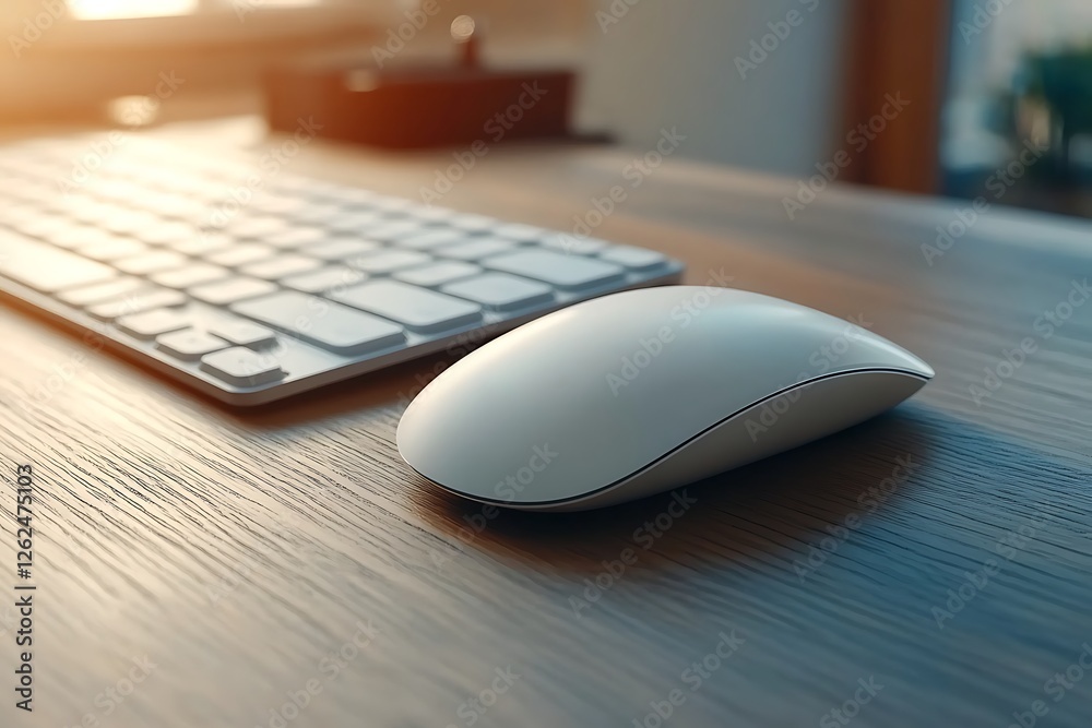 Modern Wireless Keyboard and Mouse on a Wooden Desk Modern Wireless Keyboard and Mouse on a Wooden Desk