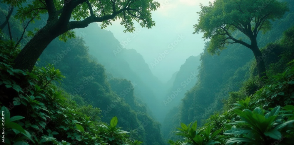 Fototapeta premium Deep emerald canopy veiled in swirling fog, serene jungle vista , beauty, serene, light