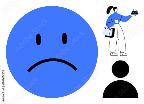 Large blue sad face expressing unhappiness. Female character carrying shopping bags studies item in hand. Black silhouette of generic person. Ideal for emotions, shopping stress, decision making