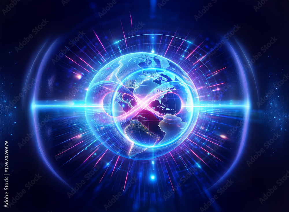 Obraz premium A glowing globe is at the center, radiating vibrant blue and pink lines. Concentric rings encircle it, creating a futuristic, energetic design against a dark backdrop.