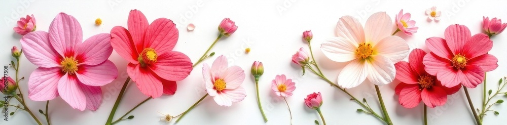 Delicate blooms, vibrant hues arranged artfully on pure white backdrop, pastel, background Delicate blooms, vibrant hues arranged artfully on pure white backdrop, pastel, background