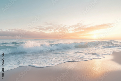 A serene sunrise over a tranquil ocean, with gentle waves lapping onto a sandy beach under a pastel-colored sky.