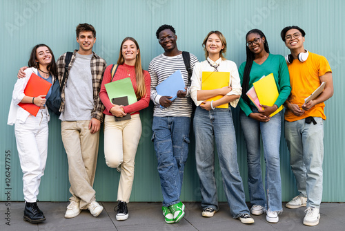 A diverse group of friends in casual attire enjoying school supplies and educational activities