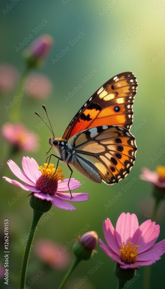 Fototapeta premium Delicate painted lady butterfly amidst wildflowers, yellow, lepidoptera, close-up