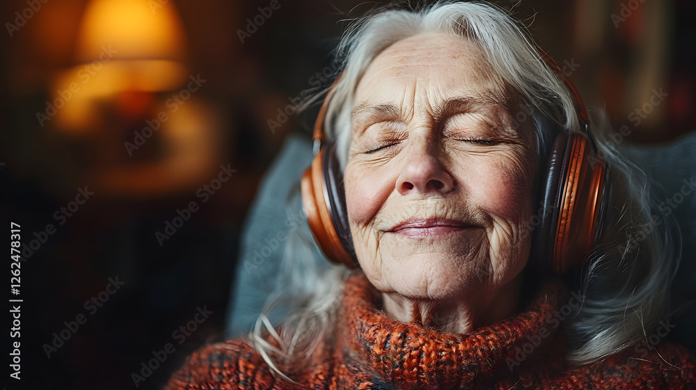 Elderly woman enjoying music with headphones: celebrating wellderly week Elderly woman enjoying music with headphones: celebrating wellderly week