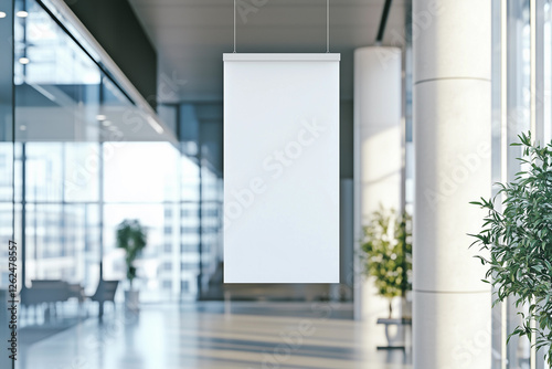 Mockup of white vertical banners hanging in the mall, or  office building lobby background photo