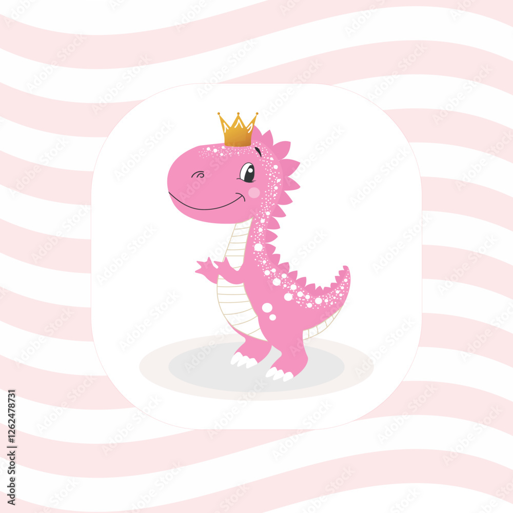Obraz premium Character, cute dinosaur, dino, baby girl in pink color with golden crown on striped background, isolated vector illustration