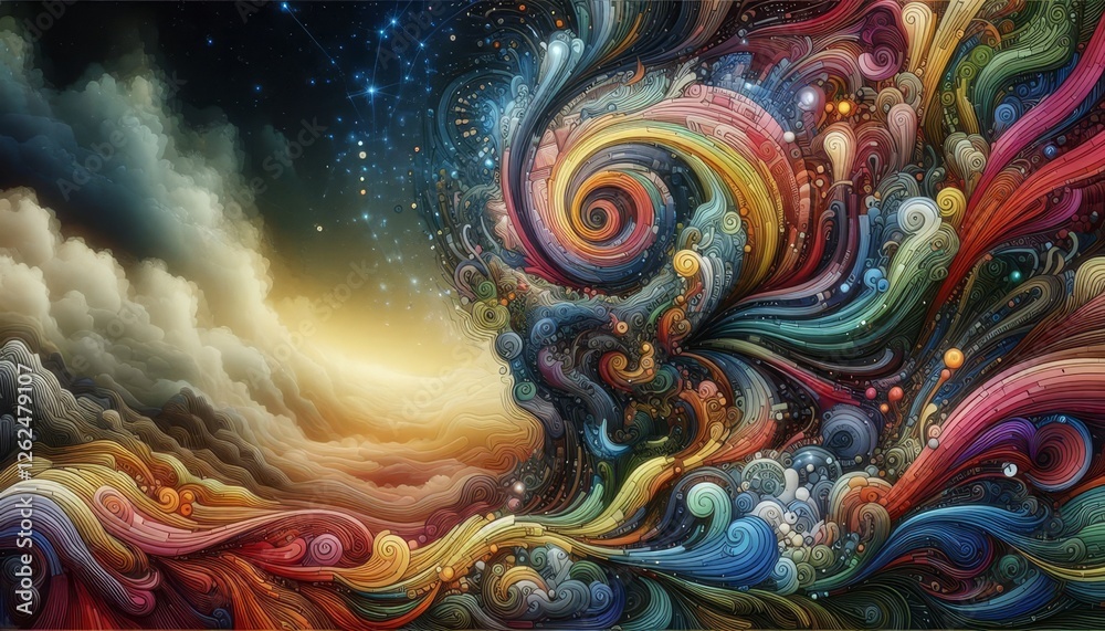 A mesmerizing 3D 4K artwork displays a swirling fusion of vibrant colors and intricate patterns, evoking a sense of cosmic wonder amidst dynamic clouds and starry skies. A mesmerizing 3D 4K artwork displays a swirling fusion of vibrant colors and intricate patterns, evoking a sense of cosmic wonder amidst dynamic clouds and starry skies.