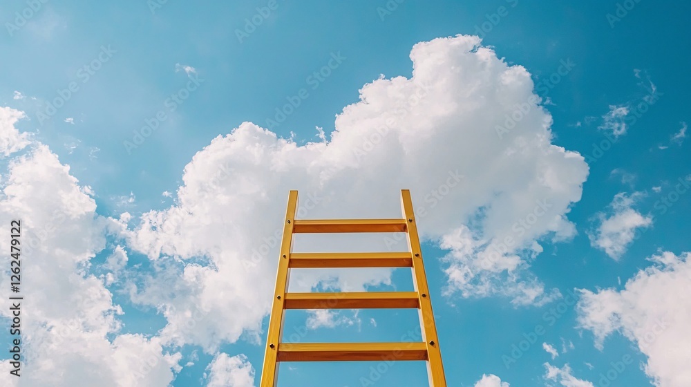 Bright Yellow Ladder Reaching for Blue Sky with White Clouds Above Bright Yellow Ladder Reaching for Blue Sky with White Clouds Above
