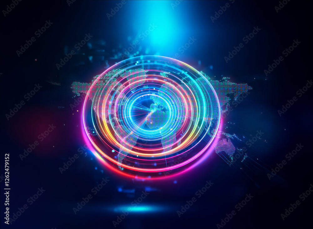 Glowing circle with vibrant rings of colors on a dark background showing a world map. Luminous and futuristic element. Glowing circle with vibrant rings of colors on a dark background showing a world map. Luminous and futuristic element.