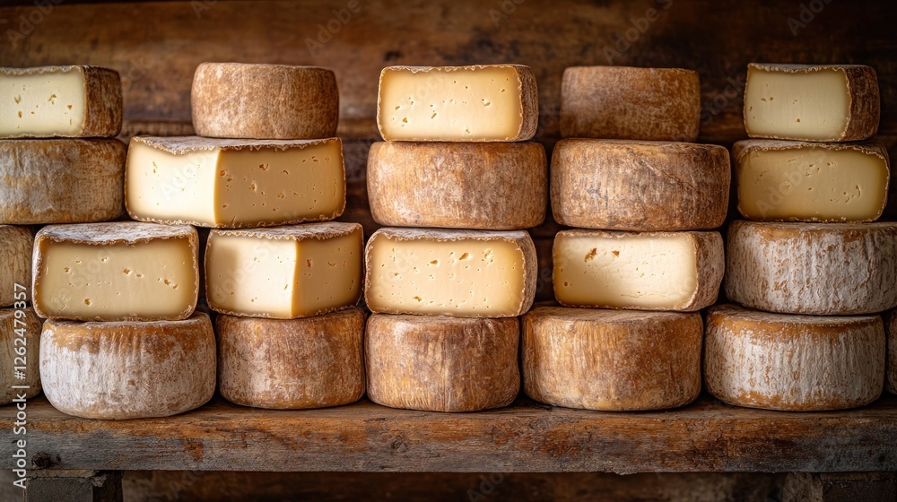 Aged cheese wheels stacked on wooden shelves, artisan dairy display, rustic market background Aged cheese wheels stacked on wooden shelves, artisan dairy display, rustic market background