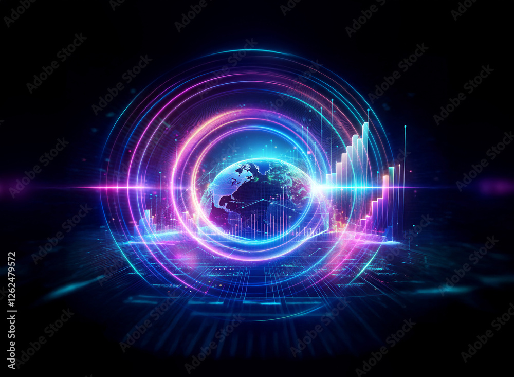 Obraz premium Vibrant globe encircled by glowing rings and data bars against a dark backdrop. Abstract digital technology design with neon lights and futuristic elements.
