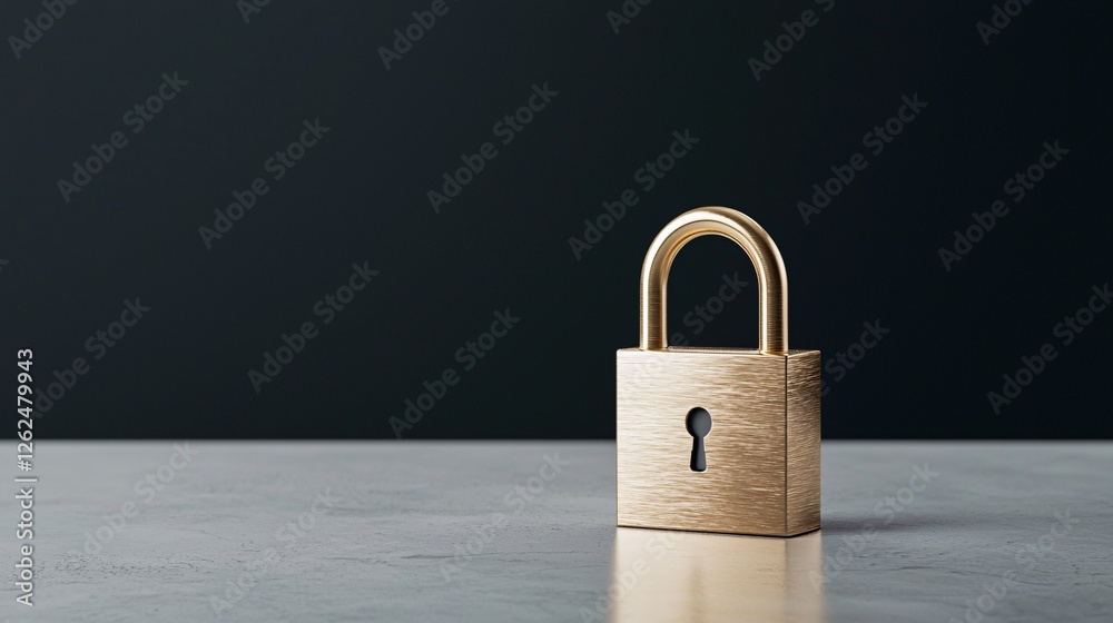 Naklejka premium Golden padlock on smooth surface with shadow against dark backdrop