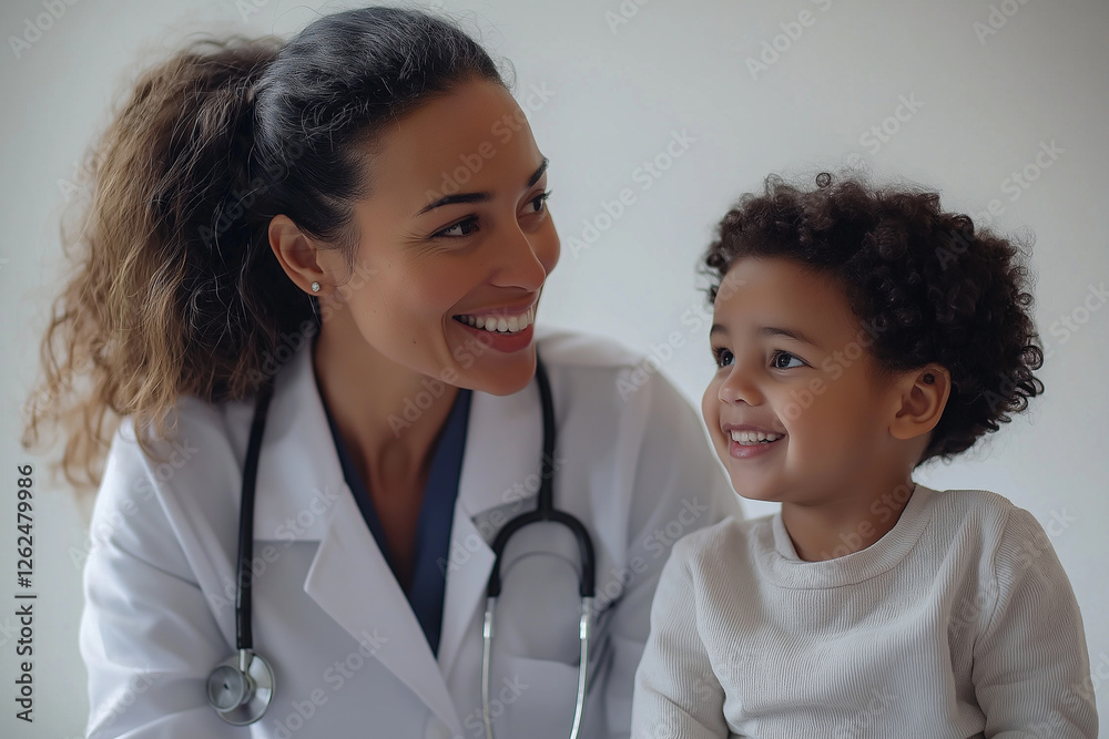 A caring pediatrician woman in a professional white coat interacting warmly with a young child. A caring pediatrician woman in a professional white coat interacting warmly with a young child.