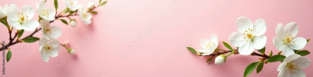 Obraz premium Delicate white blossoms, green leaves, pale pink backdrop, aesthetic, bloom