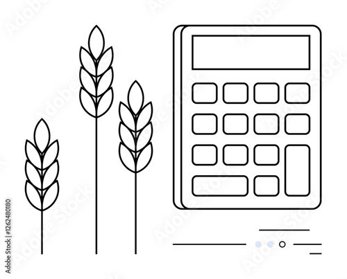 Calculator next to three wheat stalks suggests agricultural productivity and cost analysis. Ideal for farming, economics, budgeting, crop management, agribusiness, financial planning, sustainability
