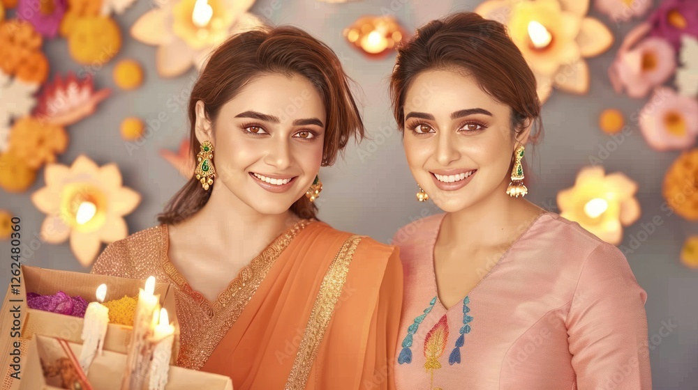 Smiling Indian Women in Traditional Attire at a Festive Event Surrounded by Colorful Decorations and Candles Smiling Indian Women in Traditional Attire at a Festive Event Surrounded by Colorful Decorations and Candles