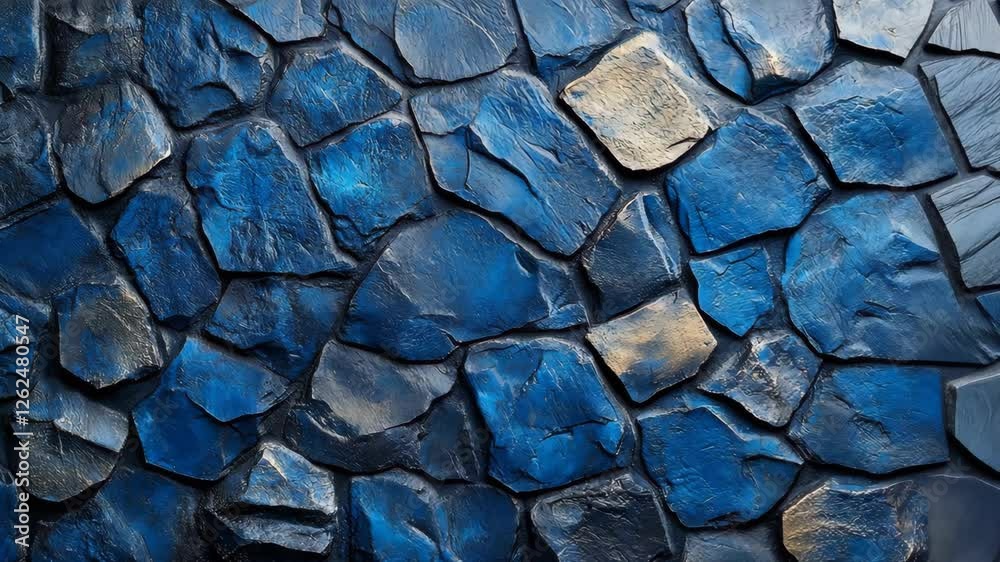 Textured blue stone wall featuring irregular shapes and shades, showcasing natural beauty and craftsmanship in a modern setting