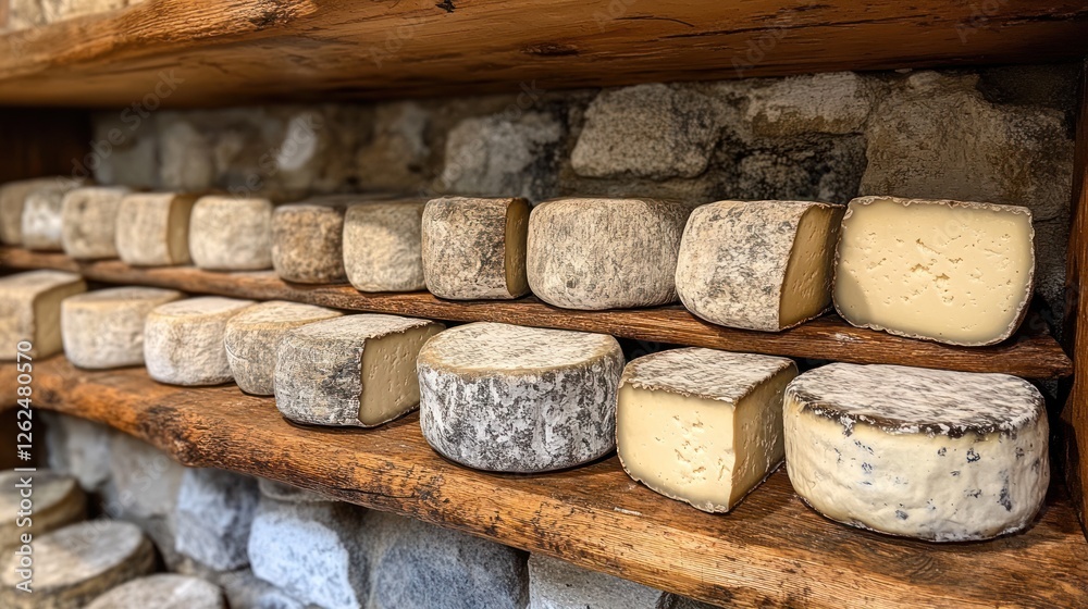 Aged cheeses on wooden shelves in a stone-walled shop Aged cheeses on wooden shelves in a stone-walled shop