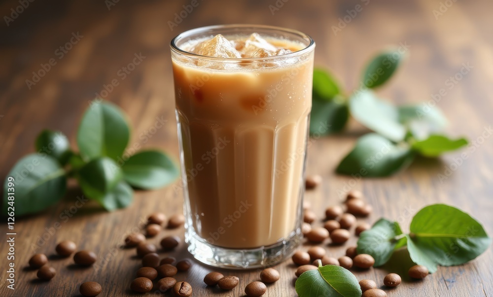 Iced coffee with coffee beans and leaves Iced coffee with coffee beans and leaves