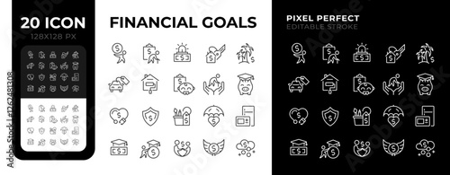Financial goals pixel perfect linear icons set for dark, light mode. Passive income, retirement. House renovation. Thin line symbols for night, day theme. Isolated illustrations. Editable stroke