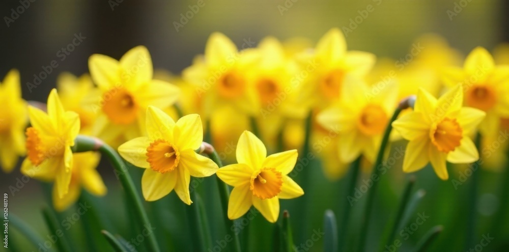 Dense cluster of daffodils, green stems visible, yellow, green Dense cluster of daffodils, green stems visible, yellow, green