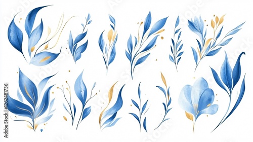 Watercolor Floral Elements in Blue and Gold