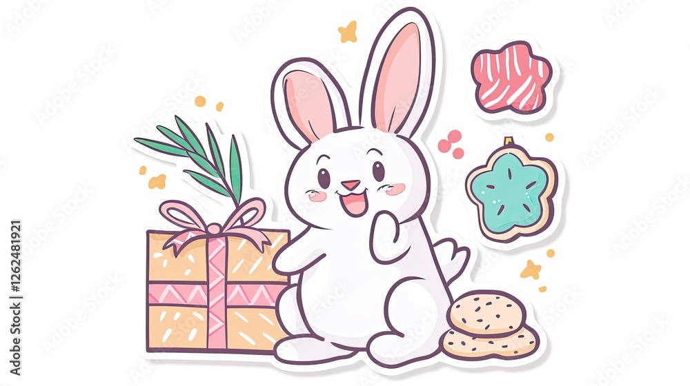 A cute bunny is with some cookies, and there's also gift box next to it A cute bunny is with some cookies, and there's also gift box next to it