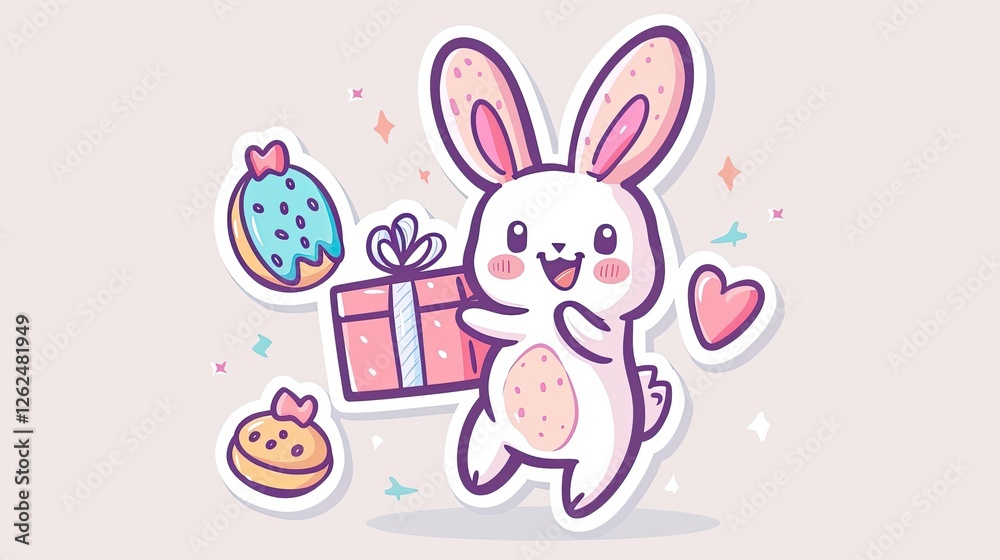 A cute bunny is with some cookies, and there's also gift box next to it A cute bunny is with some cookies, and there's also gift box next to it