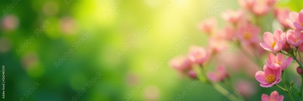 Fototapeta premium Blurred green and pink bokeh, abstract spring vibe, green, soft