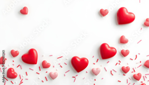 Valentines Day bottom border of candy hearts and sprinkles. Top down view on a white banner background. Copy space. with white shades