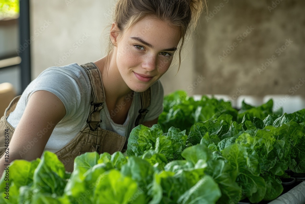 A young woman smiles while tending to a vibrant crop of fresh, green lettuce in a garden setting. A young woman smiles while tending to a vibrant crop of fresh, green lettuce in a garden setting.