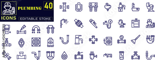 Set of outline icons related to plumbing . specializes, in installing, portable water, sewage, drainage, and plumbing systems.