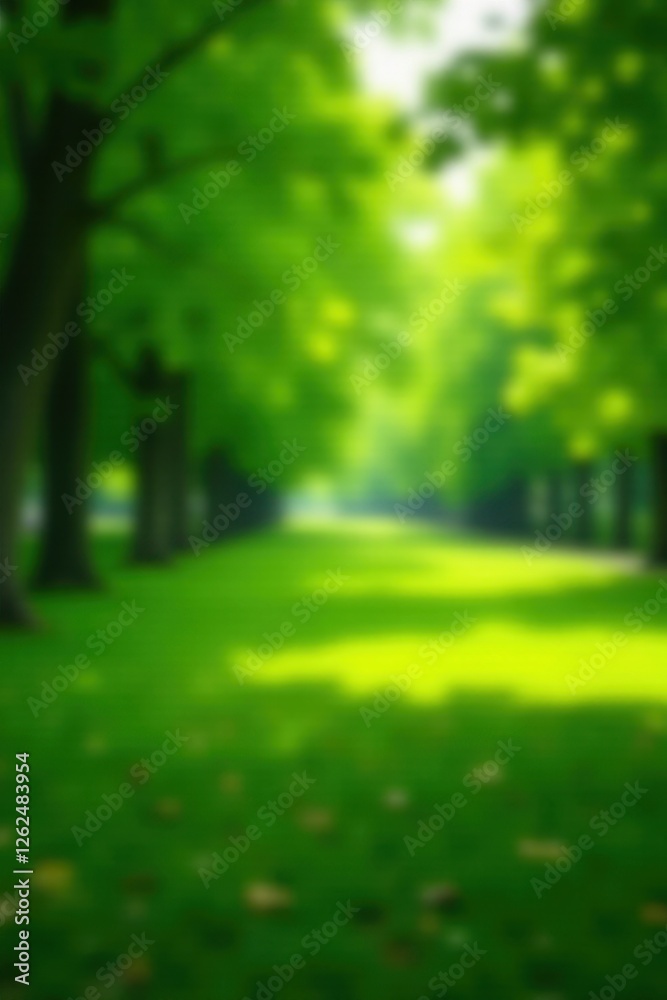 Fototapeta premium Dreamy blurred park scene, lush green foliage out of focus, nature, idyllic