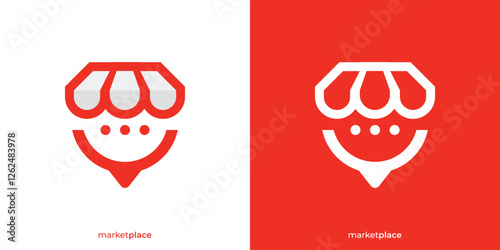 Creative Market Place Logo. Shop, Store and Bubble Chat, Pin Graphic Icons. Shopping Place Logo Design Template.