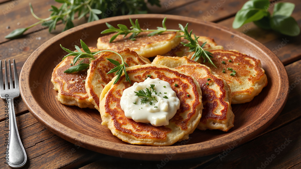 Savory pancakes with goat cheese and herbs for food blogs, menus, and culinary designs Savory pancakes with goat cheese and herbs for food blogs, menus, and culinary designs
